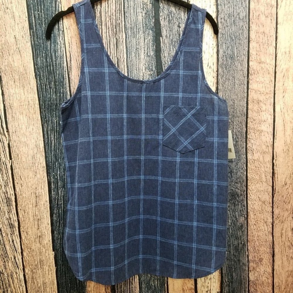 Blue Linen Plaid Tank Top